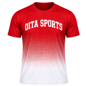 T-shirt de sublimation dégradé rouge et blanc pour homme, manches courtes, col rond, imprimé personnalisé, pour entraînement sportif et tenue d'équipe - Product Image 1