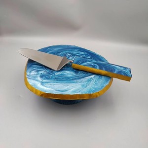 Handmade Round Resin Cake Platter With Gold Trim And Blue Swirl Design Stainless Steel Server Set - Product Image 1