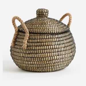 Handwoven Eco-Friendly Seagrass Round <b>Storage</b> <b>Basket</b> with <b>Rope</b> Handles and Lid for Daily Home Decor Use Made in Bangladesh - Product Image 1