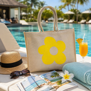Bolsa de Compras de Yute Ecológica con Estampado Floral | Bolsa de Yute Natural Reutilizable con Asas de Cinta Suave para Compras y Regalos - Product Image 3