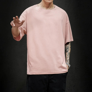 Camiseta de Algodón Rosa Sólido Extra Grande para Hombre, Cuello Redondo, Manga Corta, Estilo Casual - Product Image 1