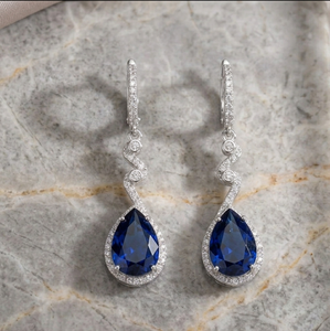 Blue Hydro Dangle Earrings 5 Inch Length Pear Cut with CZ 925 <b>Sterling</b> <b>Silver</b> 18K Gold Plated Statement Jewelry - Product Image 4