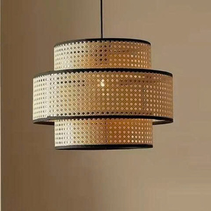 The lantern <b>shade</b> is made of woven rattan with two layers, and the chandelier-style rattan lampshade has a <b>black</b> rim and a round - Product Image 3