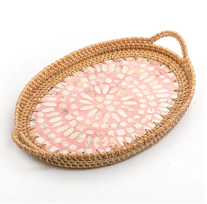 Bandeja de servir de nácar con diseño de ratán, artesanía redonda, elegante bandeja para servir alimentos, proveedor mayorista - Product Image 1