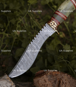 Cuchillo de caza UA Supplies personalizado hecho a mano de acero de Damasco con hoja fija de punta caída, mango de latón y hueso, espina dentada y funda de cuero marrón - Product Image 5