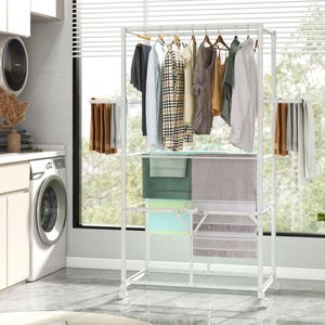 68.5 Inches Foldable Aluminum <b>Drying</b> <b>Rack</b> with Hanging Rods and Shelves Laundry Organizer and Space Saver - Product Image 3