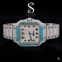 Montre automatique à quartz personnalisable pour homme et femme, style hip-hop, cadran en acier inoxydable avec diamant moissanite bleu ciel