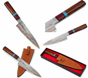 มีดเชฟเหล็กดามัสกัสทำมือ LEGACY BLADES ด้ามไม้สั่งทำพิเศษ ปลอกหนัง ดีไซน์สำหรับคนถนัดทั้งสองมือ สไตล์ดั้งเดิม - Product Image 4