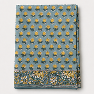 Tissu en coton imprimé à la main à motifs floraux jaune sarcelle avec bordure pour robe, costume, dupatta, vêtements de maison, tenues de fête, tenues décontractées - Product Image 1