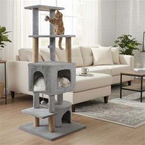Torre per Gatti Grigio Chiaro da 64 Pollici con Posti Sdraiarsi in Peluche, 3 Palline Pendenti, Tiragraffi in Juta e Dispositivo Anti-Ribaltamento per Ambienti con Più Gatti - Product Image 3