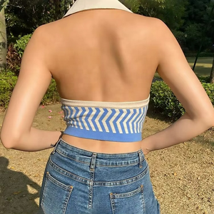 Top corto sin mangas con cuello de punto a rayas vintage, estilo halter, moderno, tipo chaleco, talla personalizada - Product Image 3