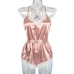 Combinaison de nuit courte pour femmes en satin rose avec dentelle, col halter, sans manches, vêtements de nuit d'été - Product Image 3