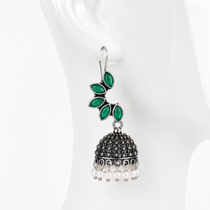 Pendientes Jhumka de Piedra Ónix Verde Oxidada |   Pendientes de Perlas Estilo Boho para Mujer - Product Image 5