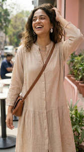 Robe midi décontractée en lin et coton avec col, manches trois quarts, ourlet évasé, détails boutonnés, couleur unie, coupe ample, pour l'été - Product Image 2