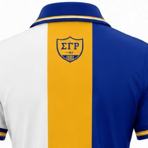 Camiseta Polo Griega Personalizada para Mujer, Sigma Gamma Rho, Tres Paneles, Azul Rey y Amarillo, Bloques de Color, Manga Corta, Ropa de Sororidad - Product Image 5