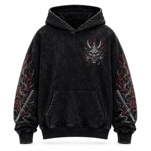 Sweat à capuche oversize noir en coton délavé de qualité supérieure avec imprimé démon Oni et motif épée de samouraï, streetwear, pull pour homme, vêtements d'hiver - Product Image 3