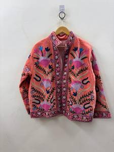 Boho Peach Velvet Suzani Embroidery Jacket Handcrafted Floral Quilted Short <b>Coat</b> <b>Women</b> Vintage Stand Collar Winter Outerwear - Product Image 2