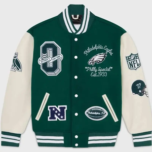 Chaqueta Varsity Verde para Hombre, Bordada con el Logotipo de Filadelfia, Estilo Urbano de Invierno, Corte Regular, Botones Cubiertos - Product Image 1