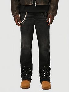 Jeans droits pour hommes avec strass, jeans tendance personnalisés, délavés et effet usé - Product Image 4