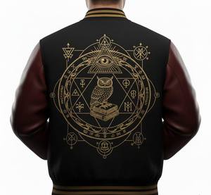 Chaqueta Universitaria Unisex Negra y Granate con Símbolos Místicos Bordados en Dorado, Cuello Alto |   Ropa de calle informal a prueba de viento - Product Image 2