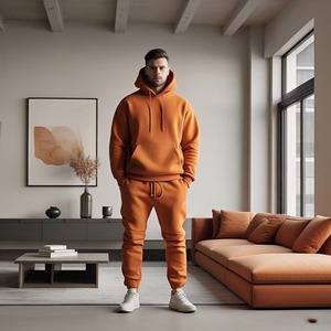 Men's Orange Hooded Tracksuit Full Sleeve Solid Color Sweatshirt And Pants <b>Set</b> Breathable Cotton Autumn Wear Casual Style - Product Image 3