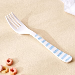 White Plastic Fork And Spoon Set With Blue Striped Handles Reusable Camping <b>Flatware</b> Nordic Design Matte Finish - Product Image 4