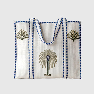 Bolso Tote Acolchado con Palmeras Bordadas, Asas a Rayas Blancas y Azules, Estilo Preppy, Bolso de Playa - Product Image 1