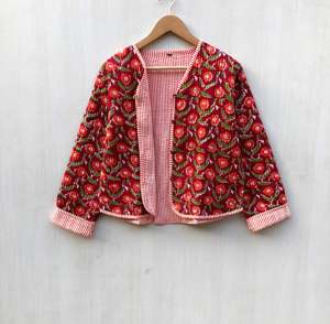 Kantha <b>Jacket</b> Boho Style Women's Cotton Block Printed <b>Quilted</b> Handmade <b>Jackets</b> with Floral <b>Pattern</b> Button Closure for <b>Jacket</b> - Product Image 2