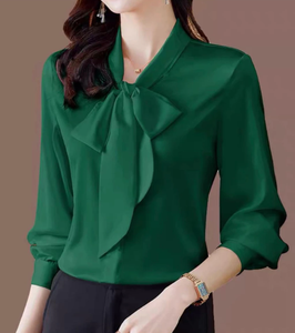 Blusa de Satén Verde con Cuello en V y Lazo, Manga Tres Cuartos, Camisa Formal para Mujer, Color Sólido, Antiarrugas, para Primavera - Product Image 1