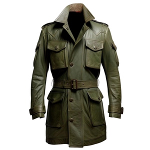 Veste de terrain en laine et cuir vert olive pour homme, col mandarin, longueur mi-longue, style safari, séchage rapide, écologique, vêtements d'extérieur - Product Image 4