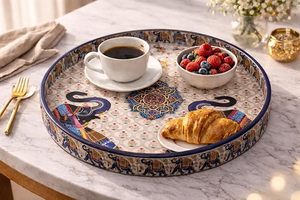 Round Patterned Serving Tray Decorative Tea Coffee Platter with Compartment for Home Dining - Product Image 2