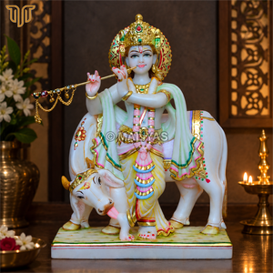 Marble Krishna With Cow Statue | Handcrafted Lord Krishna Gau Mata Murti | White Marble Krishna Idol | MALIYAS - Product Image 1