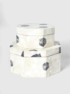 Handcrafted Bone Inlay Decorative <b>Storage</b> Box Set with Mother of Pearl Mosaic Surface Geometric Accent Pattern Jewelry Organizer - Product Image 5