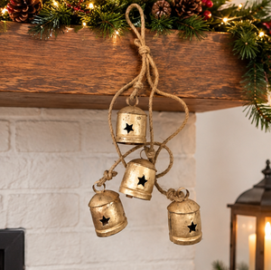 AK Laiton Attrayant Cloches De Noël Antique Fini Ensemble De 4 Cloches Simples Sur Corde Décoratives Cloches Suspendues Pour La Décoration De Noël - Product Image 3