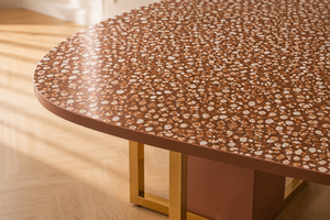 Table à manger ovale moderne en bois avec plateau aspect marbre, table sur piétement, mobilier de salle à manger sur mesure - Product Image 4