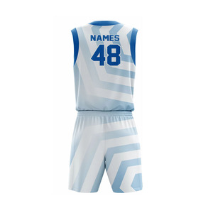 Uniforme de Baloncesto Sublimado Personalizado, Conjunto de Camiseta sin Mangas y Pantalones Cortos con Diseño Geométrico Blanco y Azul, Absorbente de Humedad, Unisex para Adultos - Product Image 2