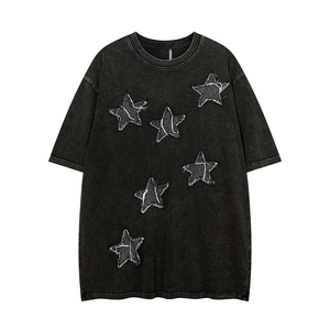 เสื้อยืดโอเวอร์ไซส์สีเทาสำหรับผู้ชาย แขนสั้น คอกลม แต่งดาว แอพพลิเค่ ผ้าสแปนเด็กซ์/คอตตอน เป็นมิตรกับสิ่งแวดล้อม สไตล์สตรีทแวร์ลำลอง - Product Image 6