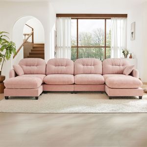 Divano Componibile a U in Morbido Tessuto Chenille con Pouf, Schiuma ad Alta Densità, Design Ergonomico EL per Soggiorno - Product Image 3