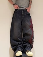 Pantalon large délavé style patchwork en faux jean vieilli pour homme, coupe ample, style hip-hop américain, idéal pour l'hiver, style urbain de niche