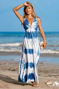 Vestido maxi azul y blanco con efecto tie-dye para mujer, cuello en V profundo, estilo bohemio playero, holgado, sin mangas, para vacaciones - Product Image 5