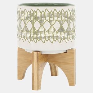 Metal Flower <b>Pot</b> with Gold Leaf Pattern Glazed Finish on Wooden Stand for Indoor Plants Modern Minimalist Style - Product Image 2