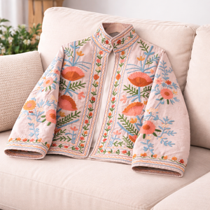 Cream Embroidered Bomber Jacket Orange Blue Floral Needle <b>Work</b> Coat <b>Stand</b> Collar Long Sleeves Women Casual Wear Masterpiece - Product Image 5