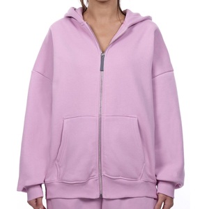 Sudadera con capucha rosa lisa y transpirable para mujer, con cremallera, hombros caídos, color sólido, con bolsillo canguro - Product Image 1
