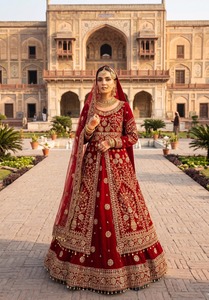 Lehenga Choli de Novia Rojo Terciopelo con Bordado a Mano, Borde de Encaje y Borlas, Vestido de Novia para Mujer - Product Image 4