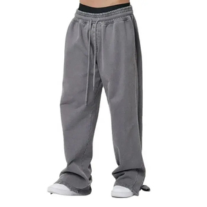 Pantalones de chándal anchos de estilo urbano para hombre, con logo personalizado, lavado a la piedra vintage, pierna ancha, cintura elástica con cordón, acampanados y transpirables. - Product Image 1