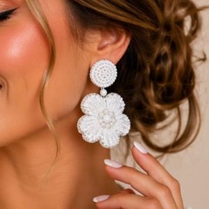 Rizir Fashion Handmade Imitation Pearl <b>Plastic</b> Bohemian 14K Gold Plated White <b>Beaded</b> Flower Dangle Earrings Women Bridal Party - Product Image 2