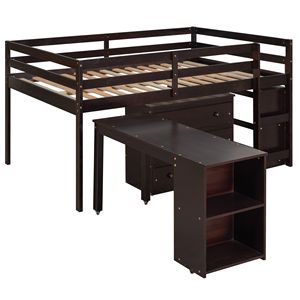 Letto a soppalco completo con armadio e scrivania portatile su ruote, colore espresso - Letto per bambini con funzioni multiple e scaffali - Product Image 4