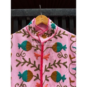 Pink Cotton Embroidered Fleece <b>Jacket</b> Mandarin Collar Zipper Closure Floral <b>Pattern</b> Autumn Wear Women's <b>Jacket</b> - Product Image 2