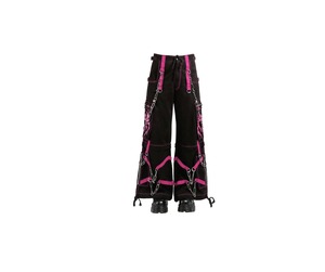 Pantalon de style punk pour homme, noir avec des sangles rouges, plusieurs poches, broderie de chaîne, taille haute, fermeture à cordon, mode automne - Product Image 5