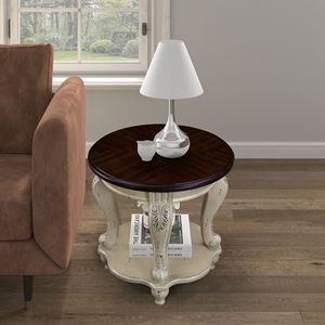 22 Two-Tone Round End Table Solid Wood Easy Assembly Sofa <b>Side</b> Table Shelf Beige Espresso Top Living Room Coffee Table - Product Image 2